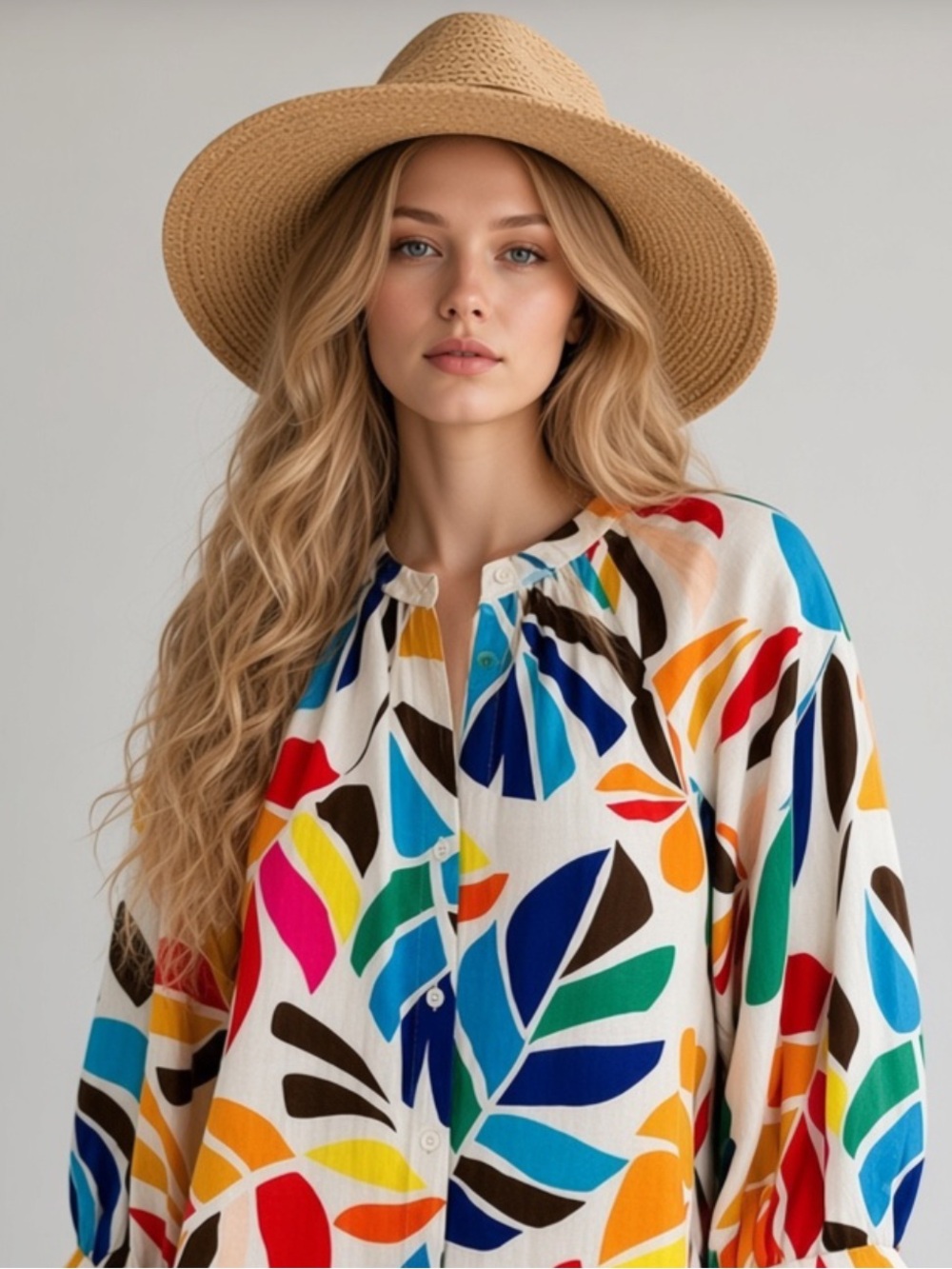Tabitha Multicolor Botanical Puff-Sleeve Tunic Dress